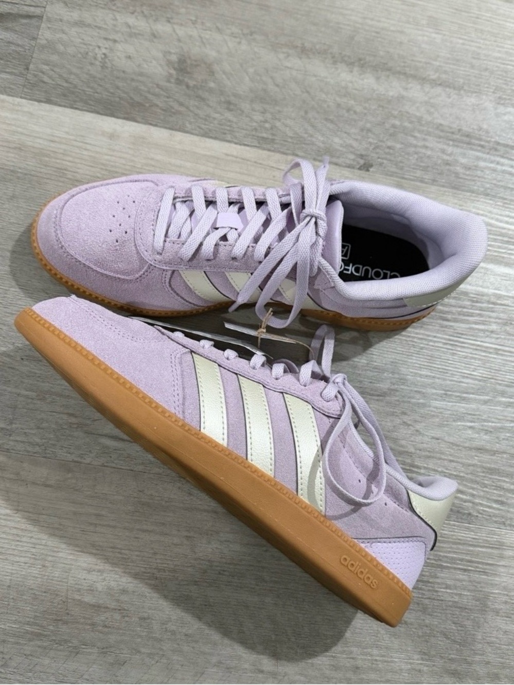 adidas Lavender Suede Sneakers with Cream Stripes and Gum Sole